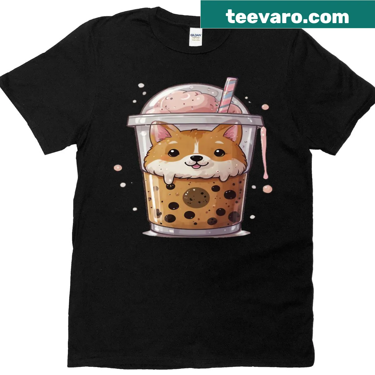 Cute T-shirt featuring a Kawaii Shiba Inu with boba tea — on a men's t-shirt