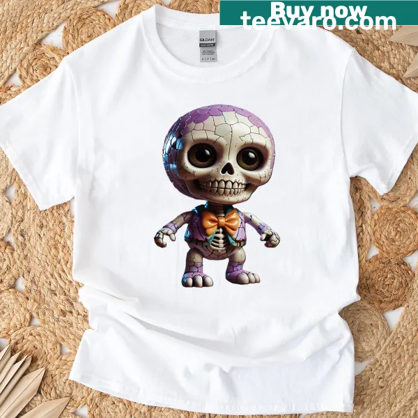 Cute cartoon-style skeleton graphic on T-shirt.