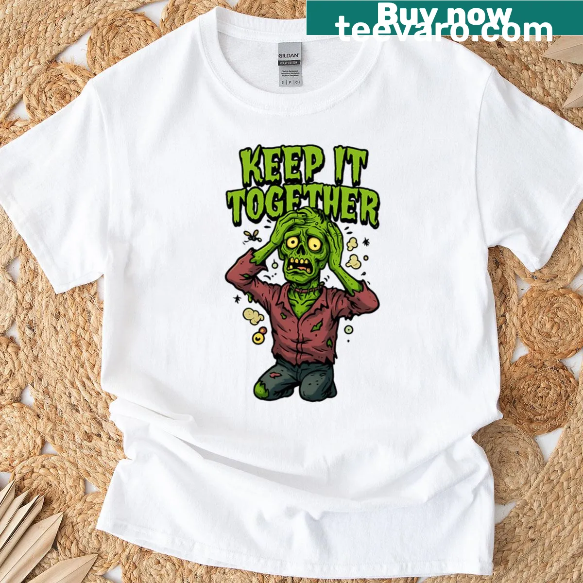 Cartoon zombie graphic T-shirt with funny panic theme — on a men's t-shirt