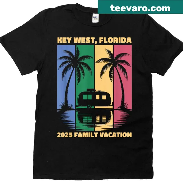 Illustrated RV and tropical scene depicting a family vacation