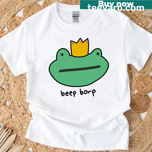 Graphic T-shirt featuring a whimsical frog character named King Beep Borp