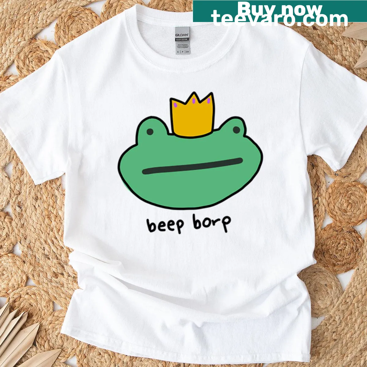 Graphic T-shirt featuring a whimsical frog character named King Beep Borp — on a men's t-shirt