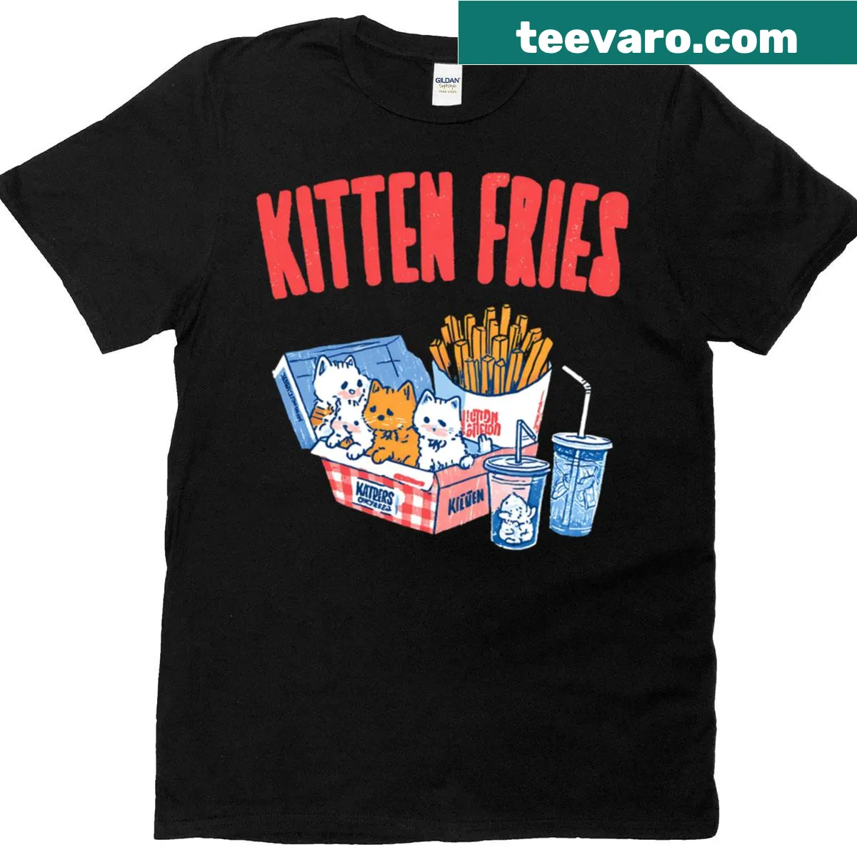 Cartoon of a kitten with chicken nuggets and fries — on a men's t-shirt