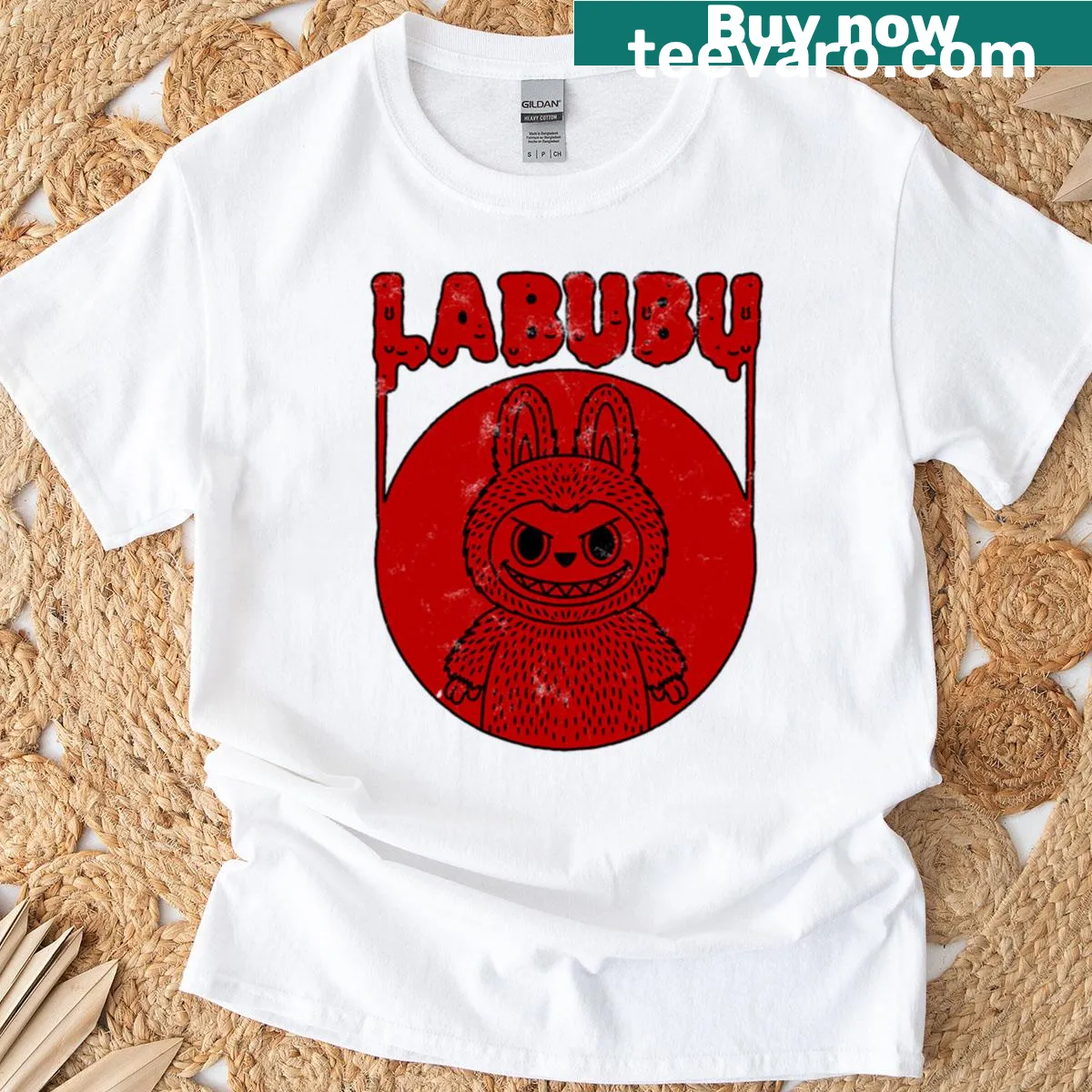 Oversized parody graphic t-shirt with Labubu design — on a men's t-shirt