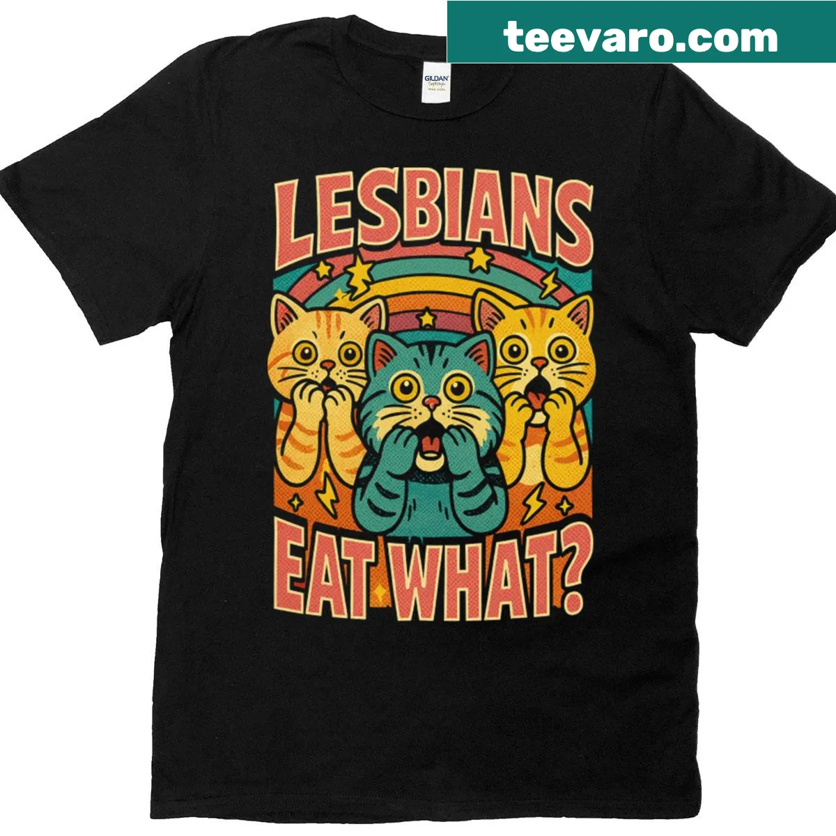Funny T-shirt featuring the phrase Lesbian Eat What — on a men's t-shirt
