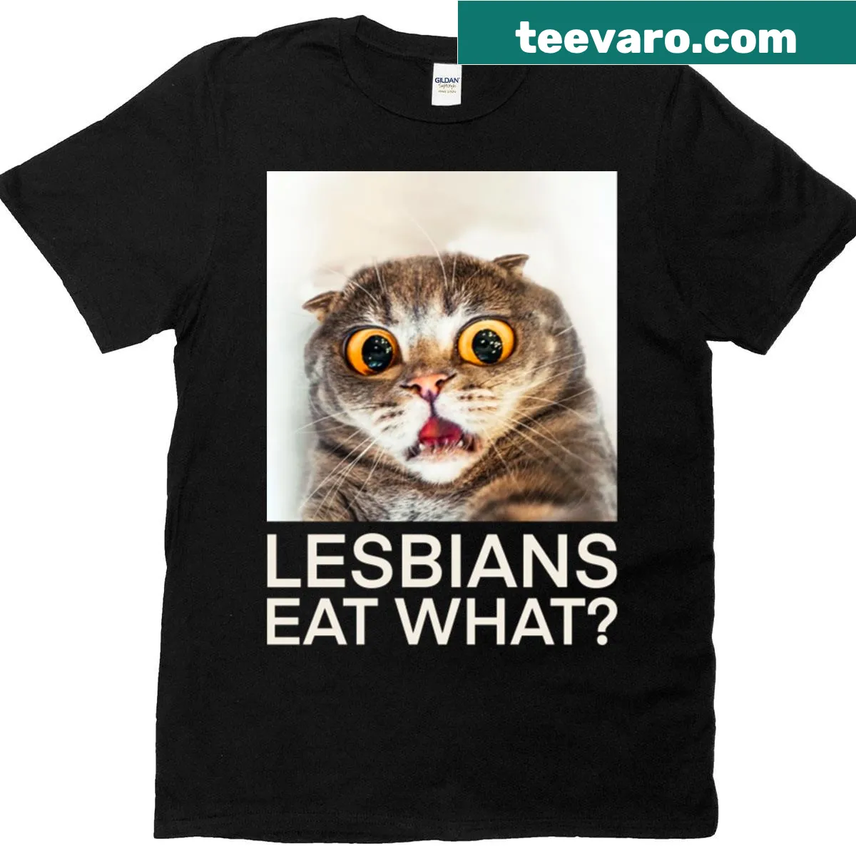 Funny T-shirt featuring the phrase Lesbians Eat What — on a men's t-shirt