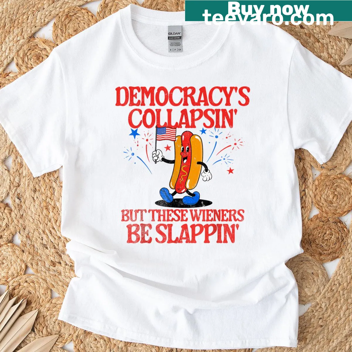 Cartoon hotdog graphic with text for Fourth of July — on a men's t-shirt