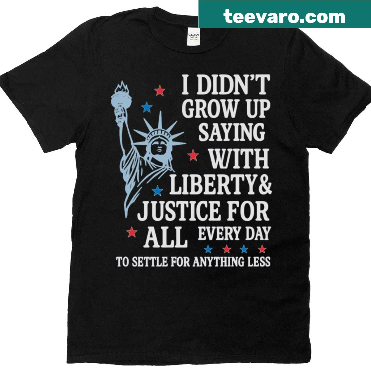 Patriotic t-shirt promoting equality and justice for the 4th of July — on a men's t-shirt