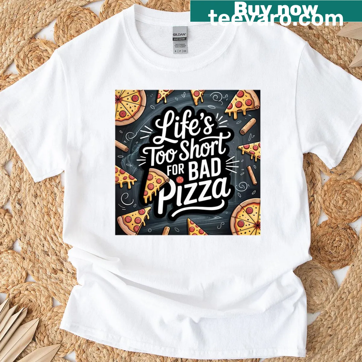 Bold typography t-shirt stating 'Lifes Too Short For Bad Pizza' — on a men's t-shirt