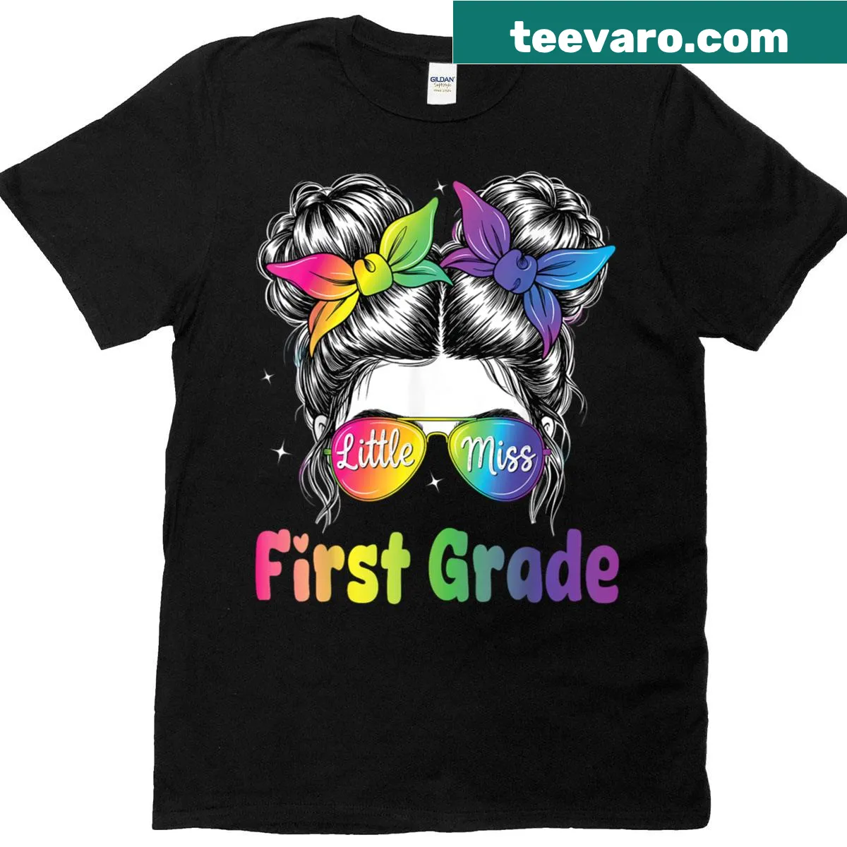 Illustration of a girl with a messy bun for 1st grade — on a men's t-shirt
