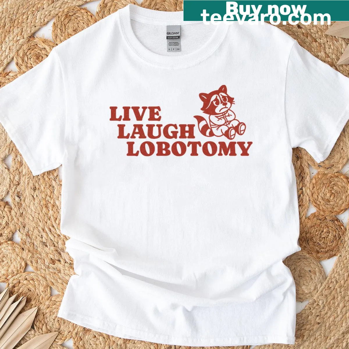 Dark humor T-shirt with raccoon meme and lobotomy phrase — on a men's t-shirt