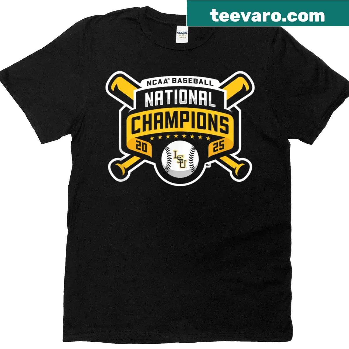 Official logo T-shirt for LSU Tigers Baseball National Champs 2025 — on a men's t-shirt