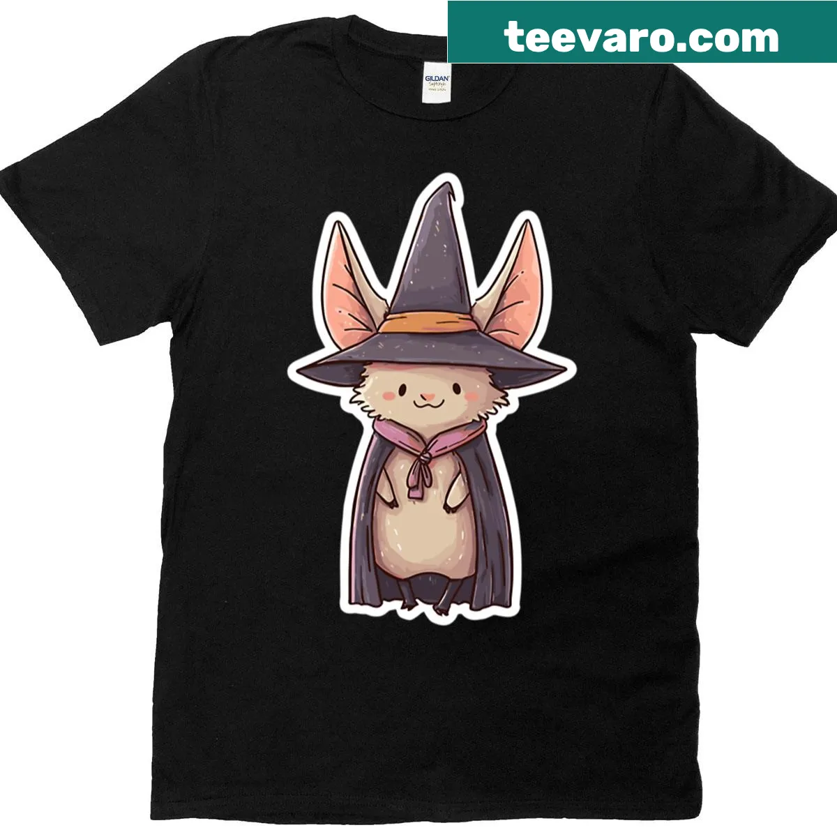 Whimsical bat illustration on a magical witch-themed t-shirt — on a men's t-shirt