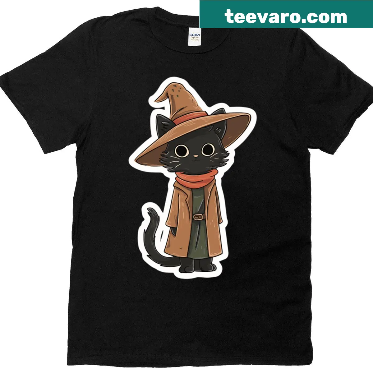 Cute black cat illustration on a magical witchy t-shirt — on a men's t-shirt