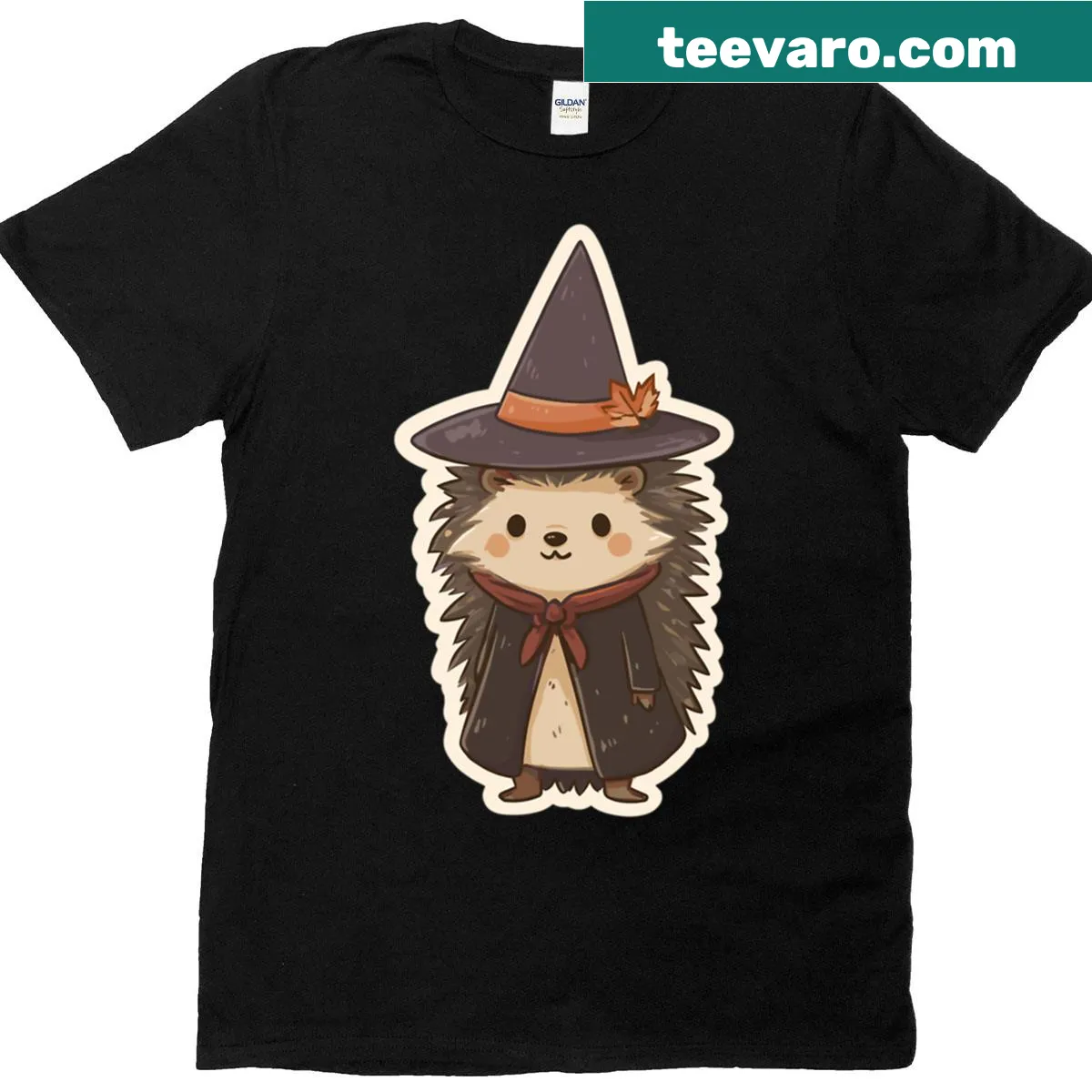 Cute T-shirt featuring a witchy hedgehog illustration — on a men's t-shirt