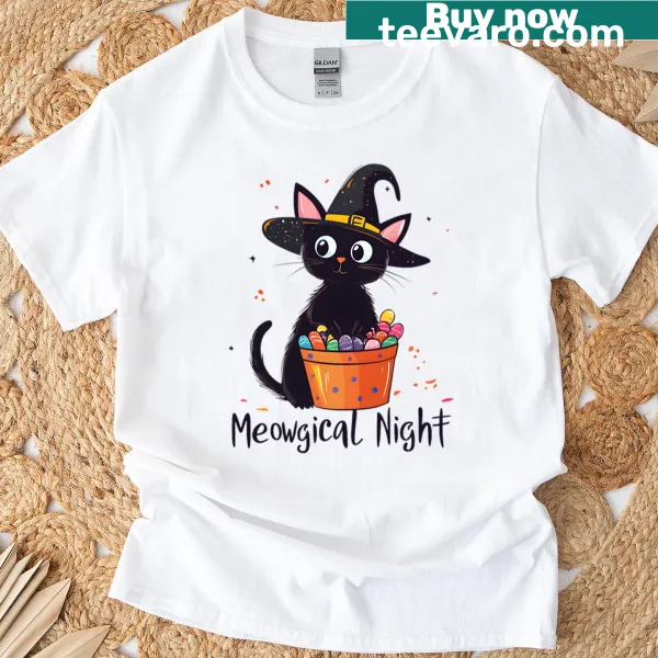 Cute witch cat with candy bucket T-shirt design for Halloween
