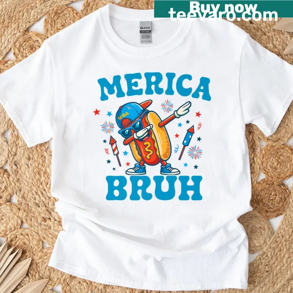 Patriotic T-shirt with a hot dog character dabbing for the Fourth of July