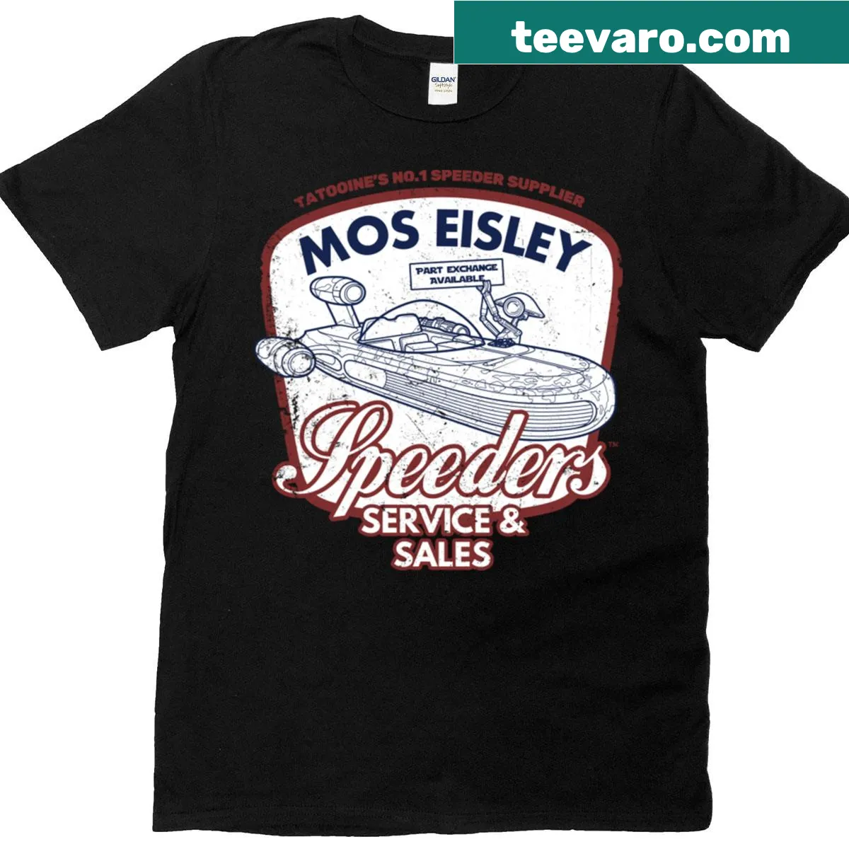 Cartoon-style t-shirt featuring Mos Eisley speeders — on a men's t-shirt