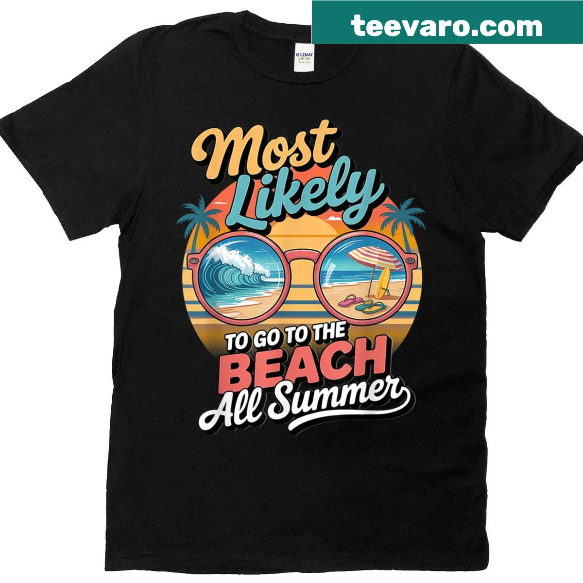 Retro design T-shirt with the phrase 'Most Likely To Go To The Beach All Summer' — on a men's t-shirt