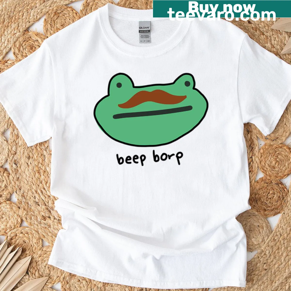 Cartoon frog with a mustache graphic and funny text — on a men's t-shirt