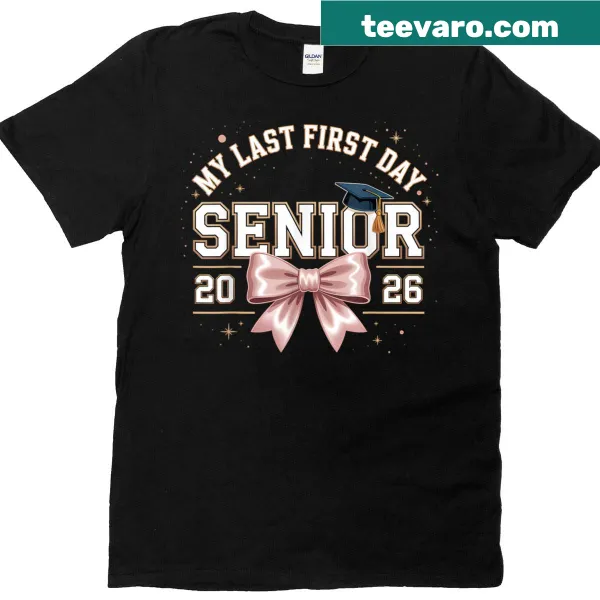 Retro-style senior 2026 last first day shirt with bow design