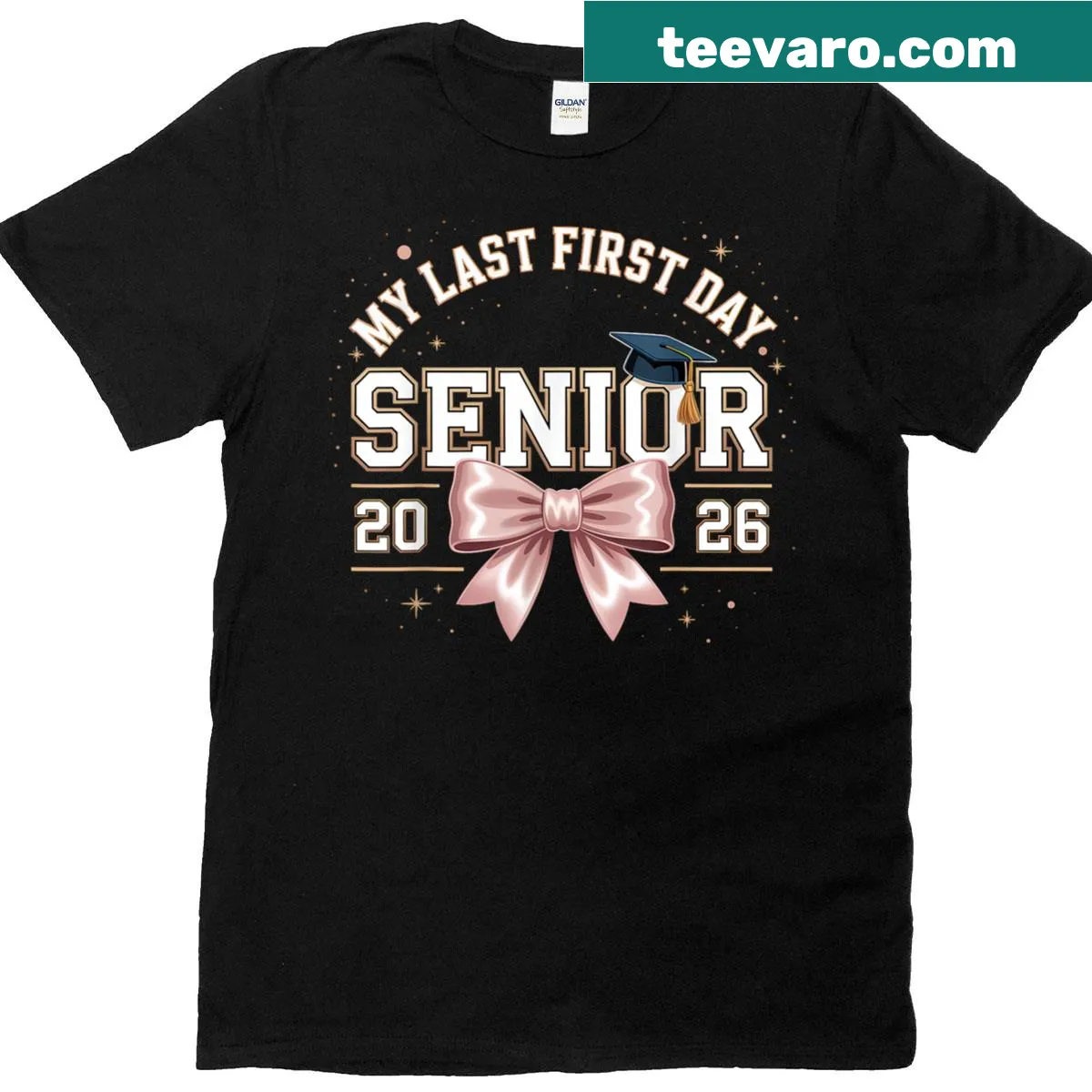Retro-style senior 2026 last first day shirt with bow design — on a men's t-shirt