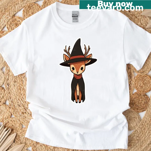Illustrated mystical deer t-shirt with witchy symbols