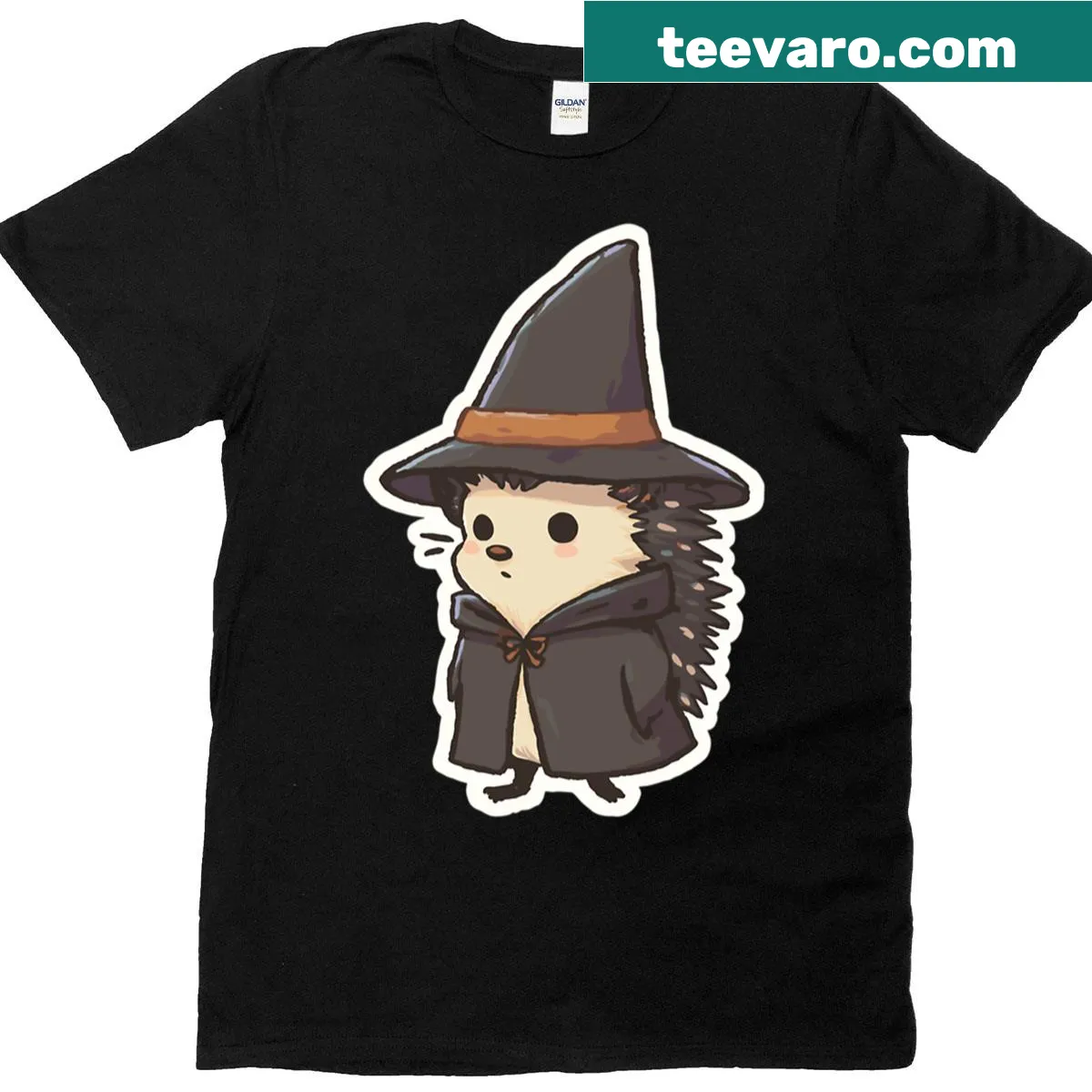 Cute T-shirt featuring a mystical witchy hedgehog illustration — on a men's t-shirt
