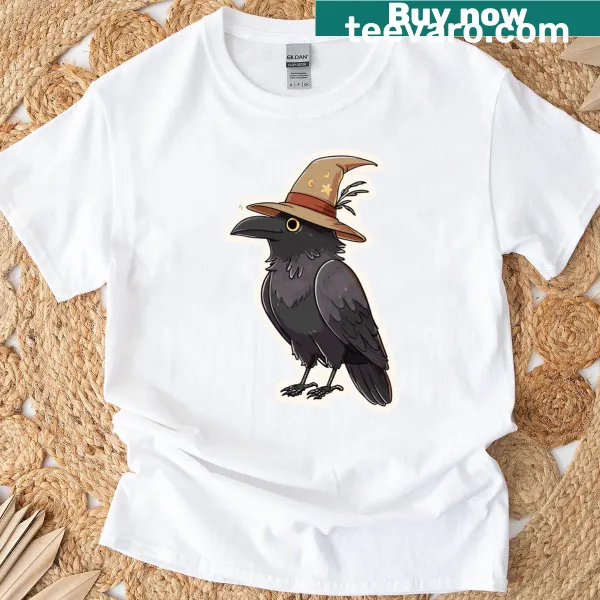 Illustrated mystical raven design on a T-shirt