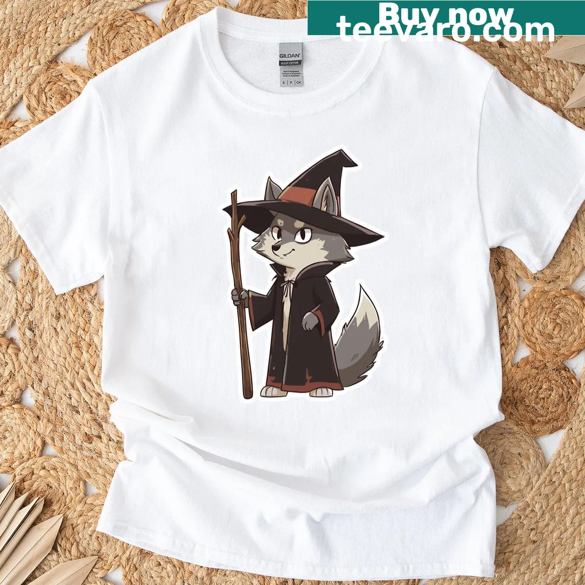 Illustration of a mystical wolf with stars and ethereal designs. — on a men's t-shirt