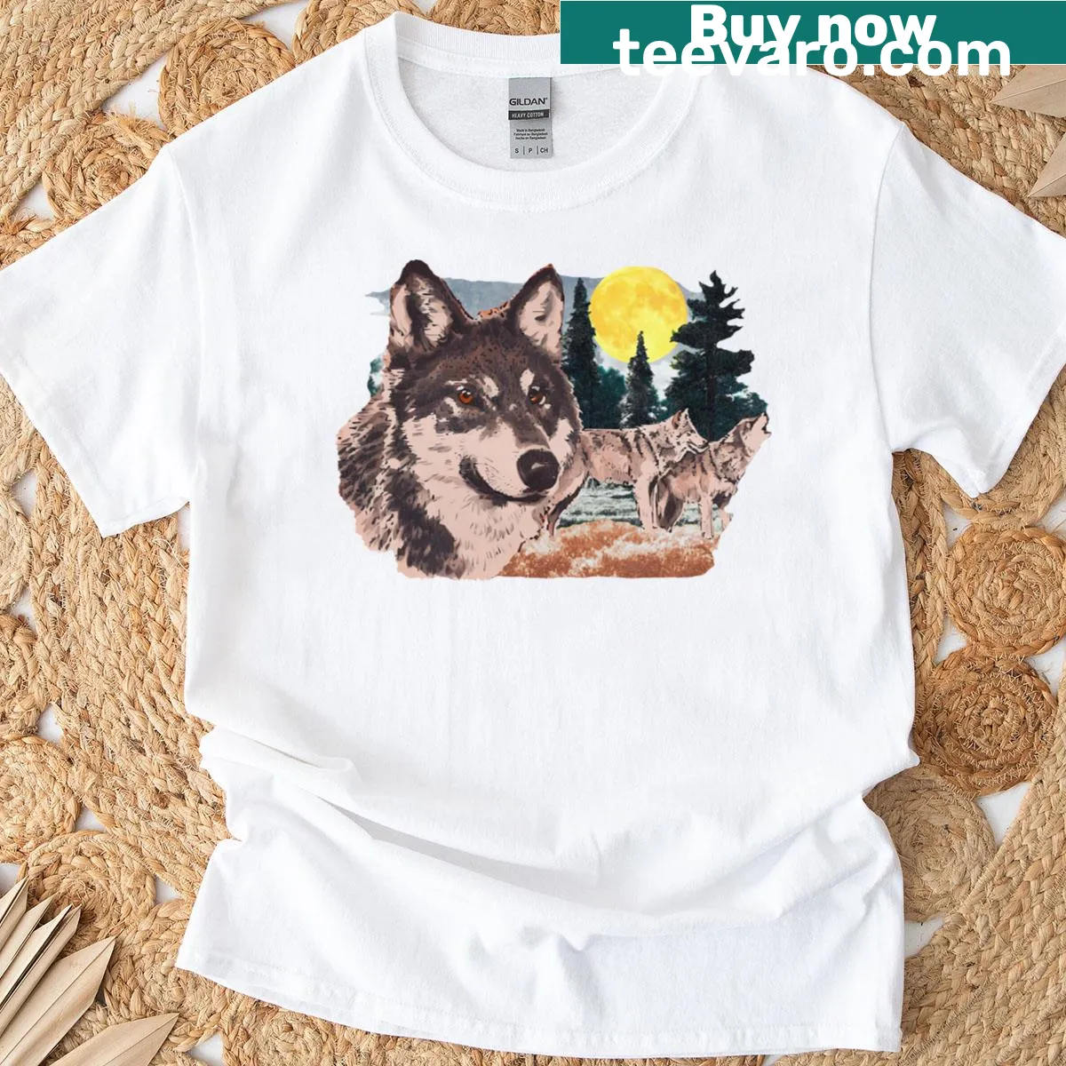 Retro t-shirt featuring a wolf nature scene from Napoleon Dynamite — on a men's t-shirt