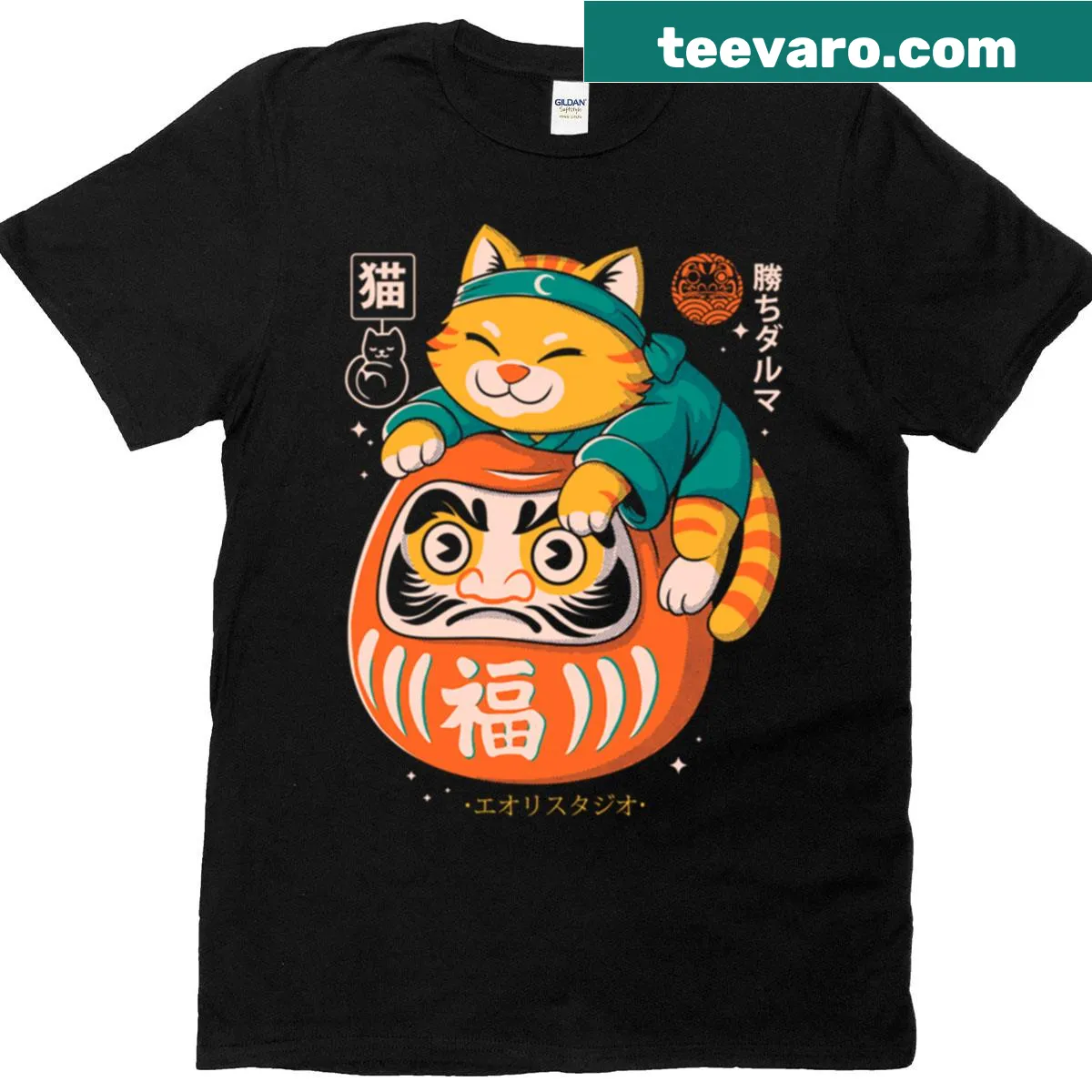 Cute Neko Daruma cat design on a t-shirt — on a men's t-shirt