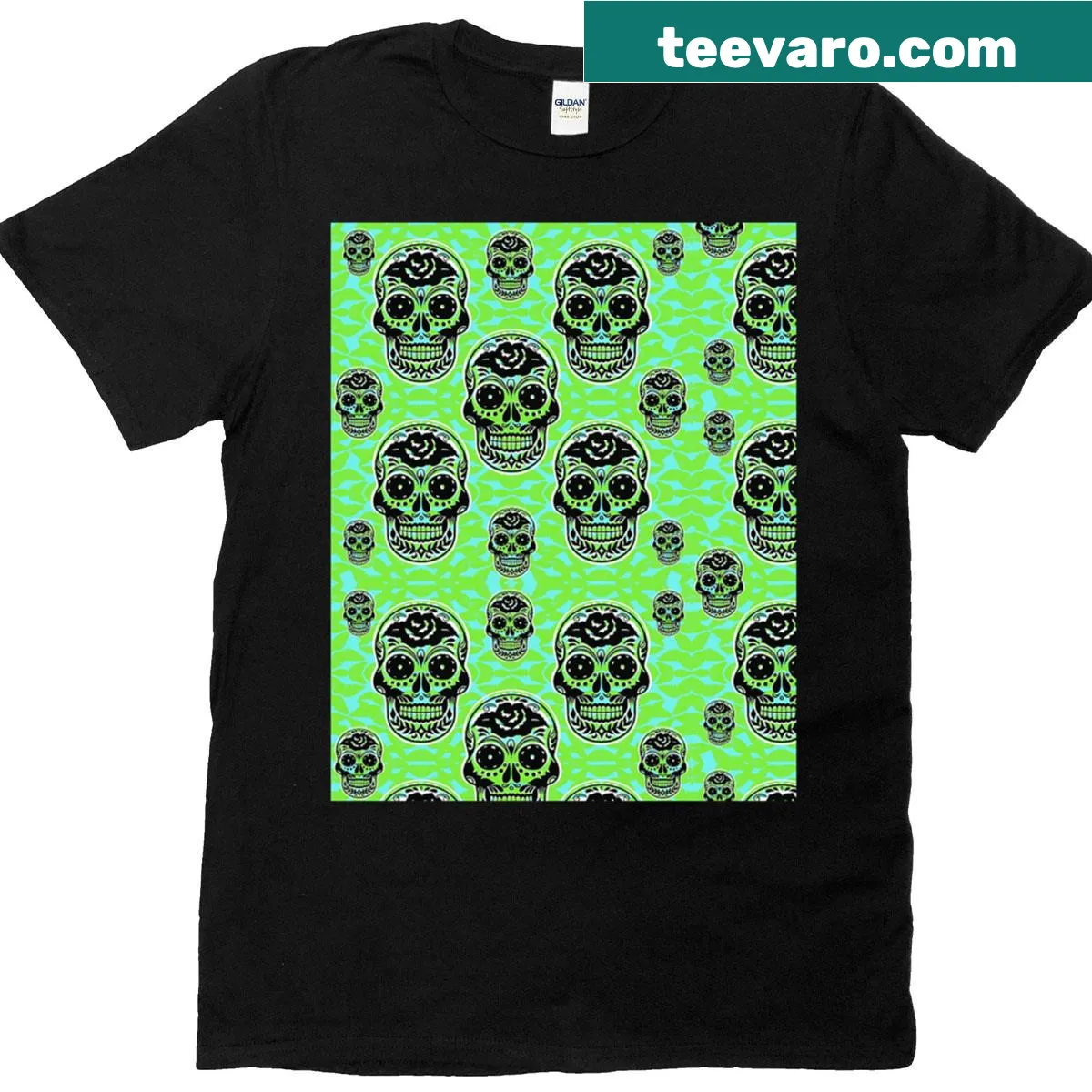 T-shirt featuring a colorful neon sugar skull print pattern — on a men's t-shirt