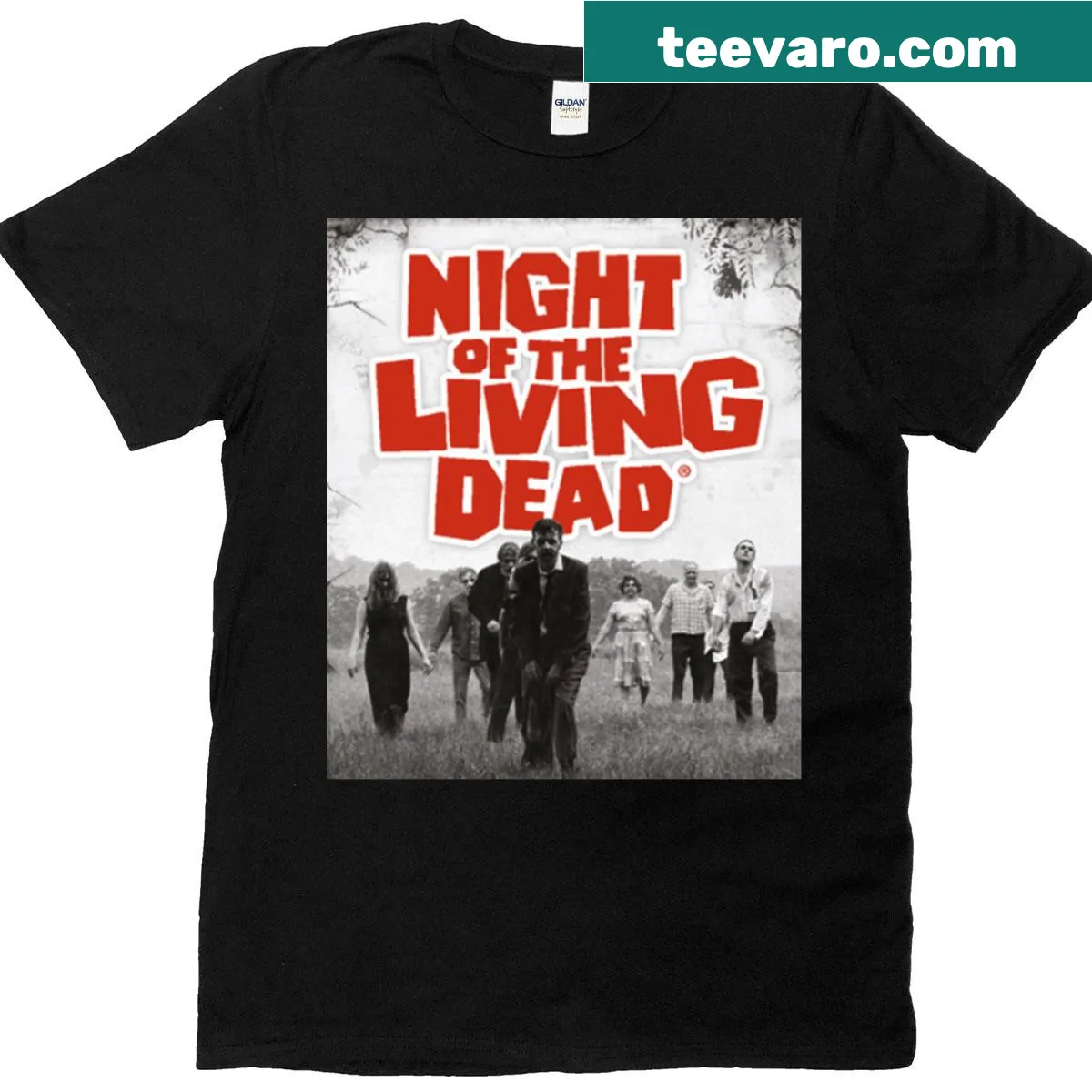 Illustrative t-shirt inspired by Night of the Living Dead featuring iconic scenes. — on a men's t-shirt