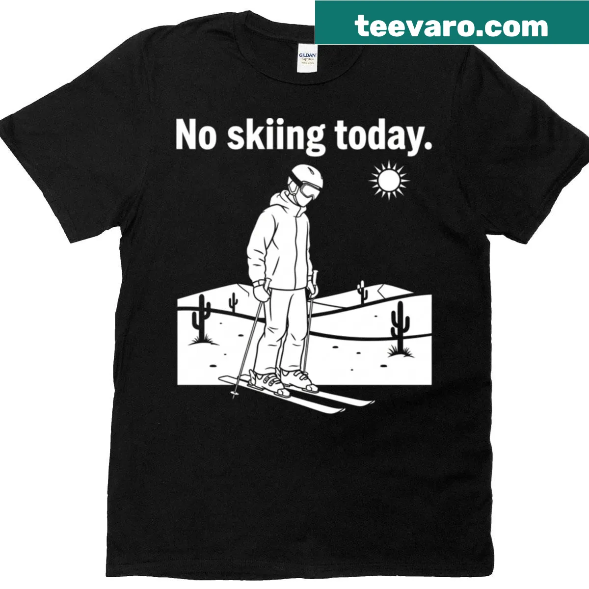 Humorous T-shirt with text 'No Skiing Today - Desert Skier' — on a men's t-shirt