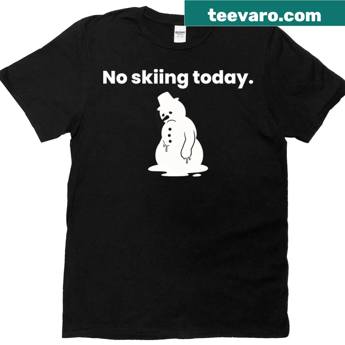 Playful t-shirt featuring a melting snowman and the phrase 'No Skiing Today.' — on a men's t-shirt