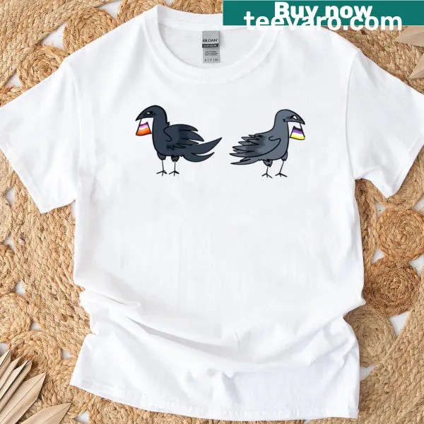 Charming T-shirt with non-binary lesbian crows illustration