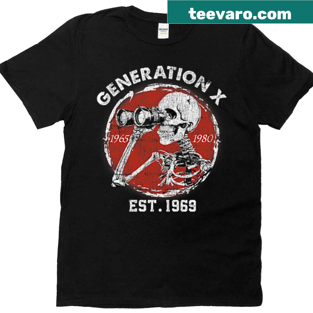 Sarcastic skeleton graphic with text on T-shirt for Gen X — on a men's t-shirt