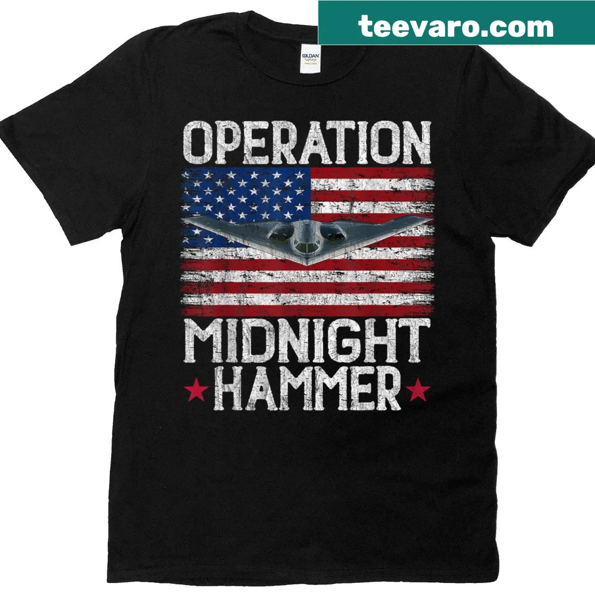 B-2 Stealth Bomber with USA flag graphic T-shirt — on a men's t-shirt