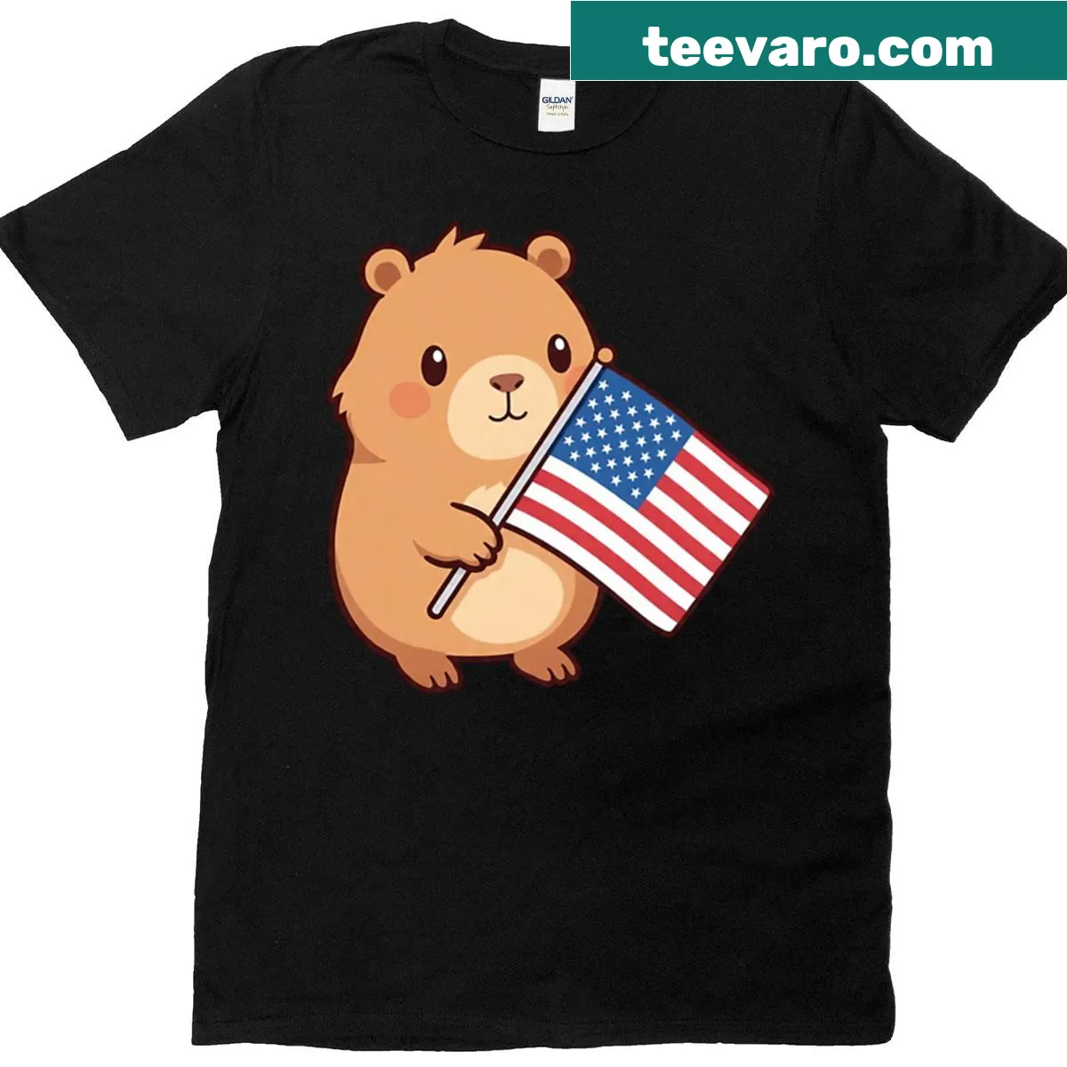 Capybara holding an American flag illustration on T-shirt — on a men's t-shirt