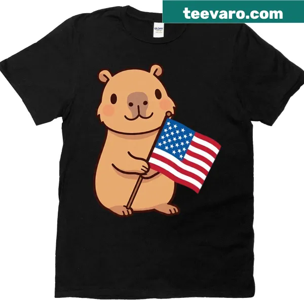 Boxy T-shirt with capybara holding an American flag design