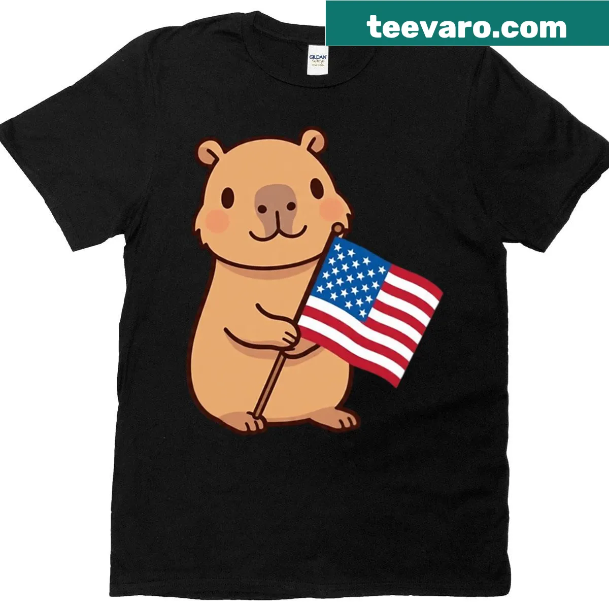 Boxy T-shirt with capybara holding an American flag design — on a men's t-shirt