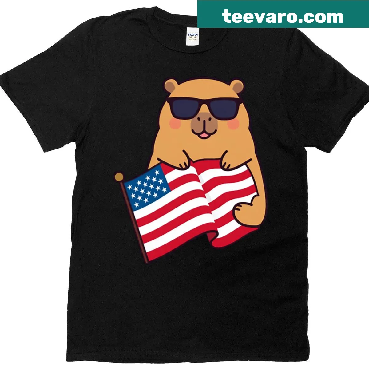 Oversized T-shirt with a capybara holding an American flag and wearing sunglasses — on a men's t-shirt