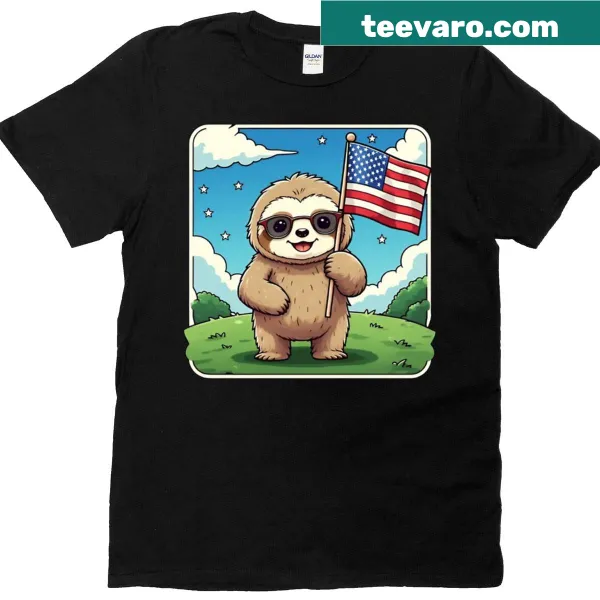 Patriotic sloth holding the American flag in a natural setting