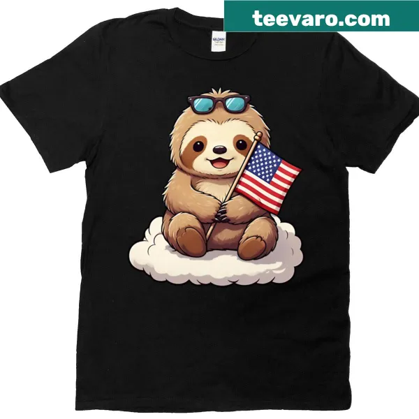 Patriotic sloth on a cloud holding the American flag in a whimsical design