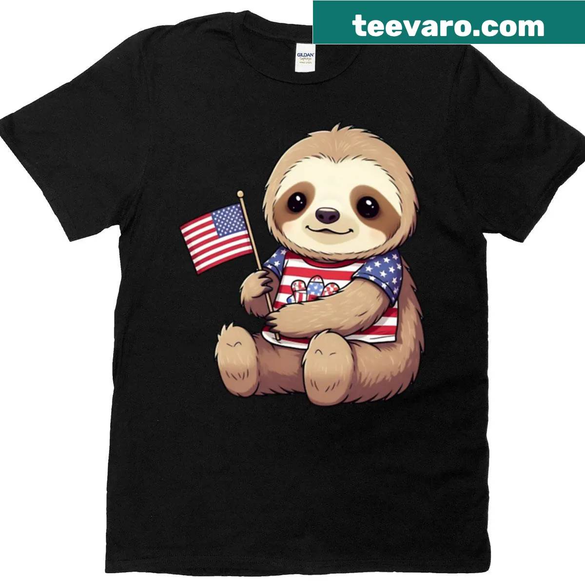 Sloth holding American flag illustration on T-shirt — on a men's t-shirt