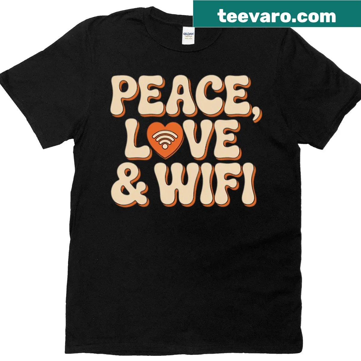Playful text design featuring 'Peace', 'Love', and 'Wifi' in a whimsical font — on a men's t-shirt