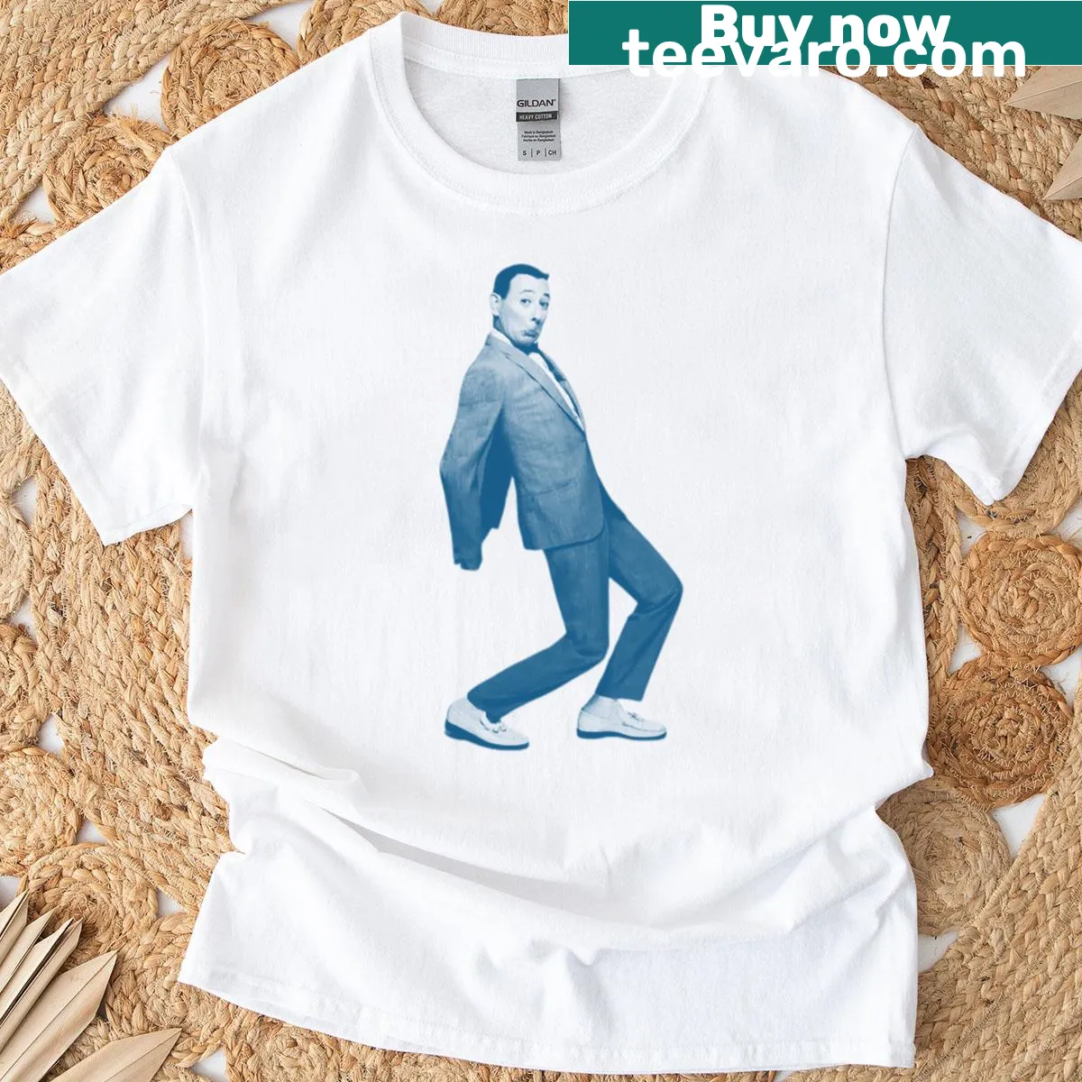T-shirt depicting Pee Wee Herman's iconic walk — on a men's t-shirt