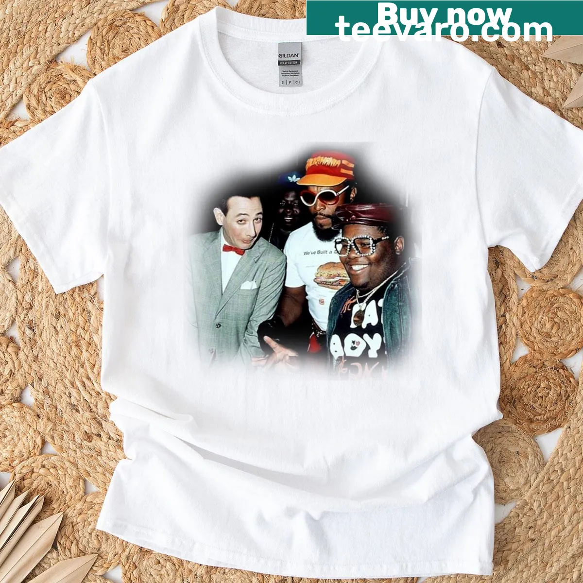 Graphic featuring Peewee Herman, Fat Boys, and Mr. T from 1985 — on a men's t-shirt