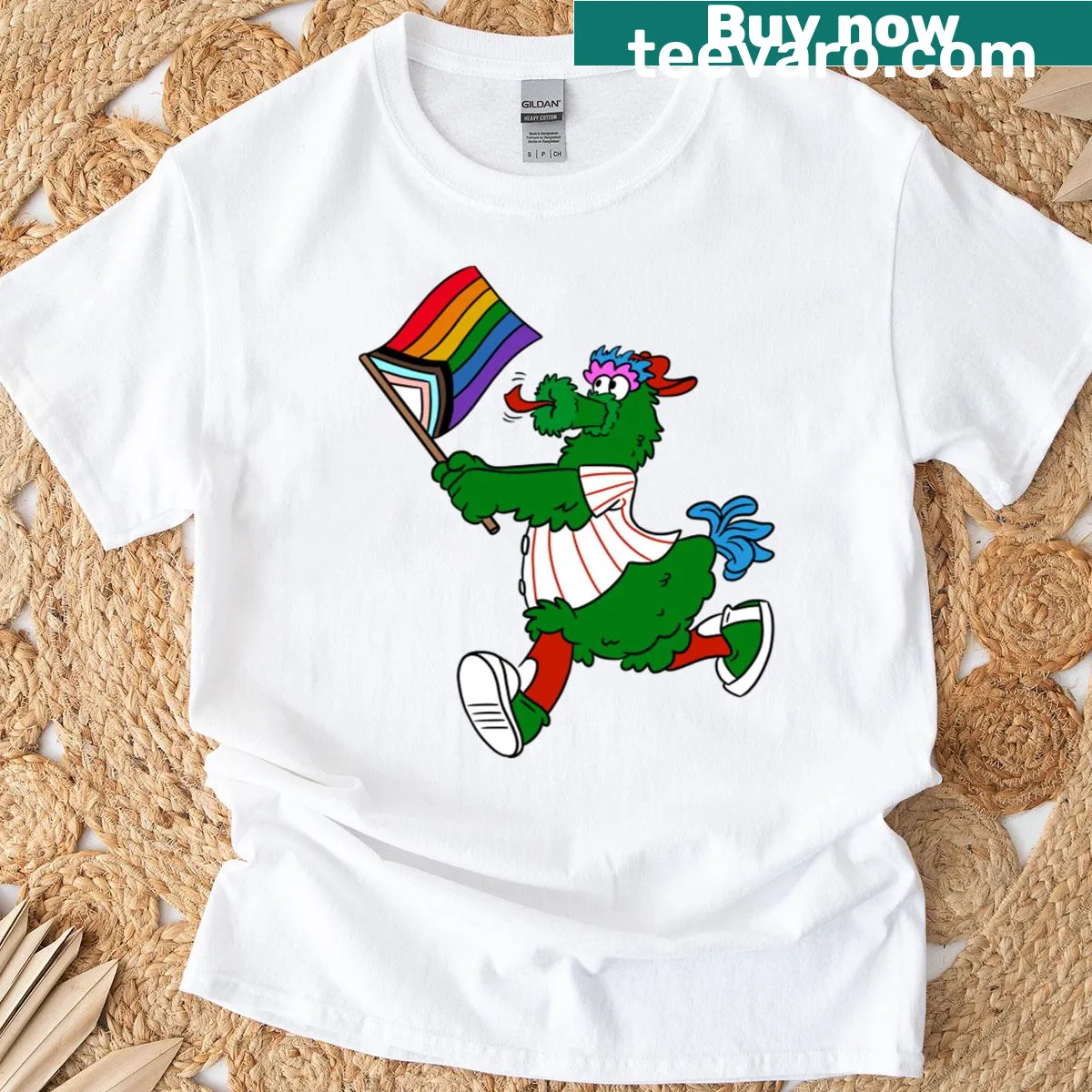 T-shirt with a character holding a pride flag — on a men's t-shirt